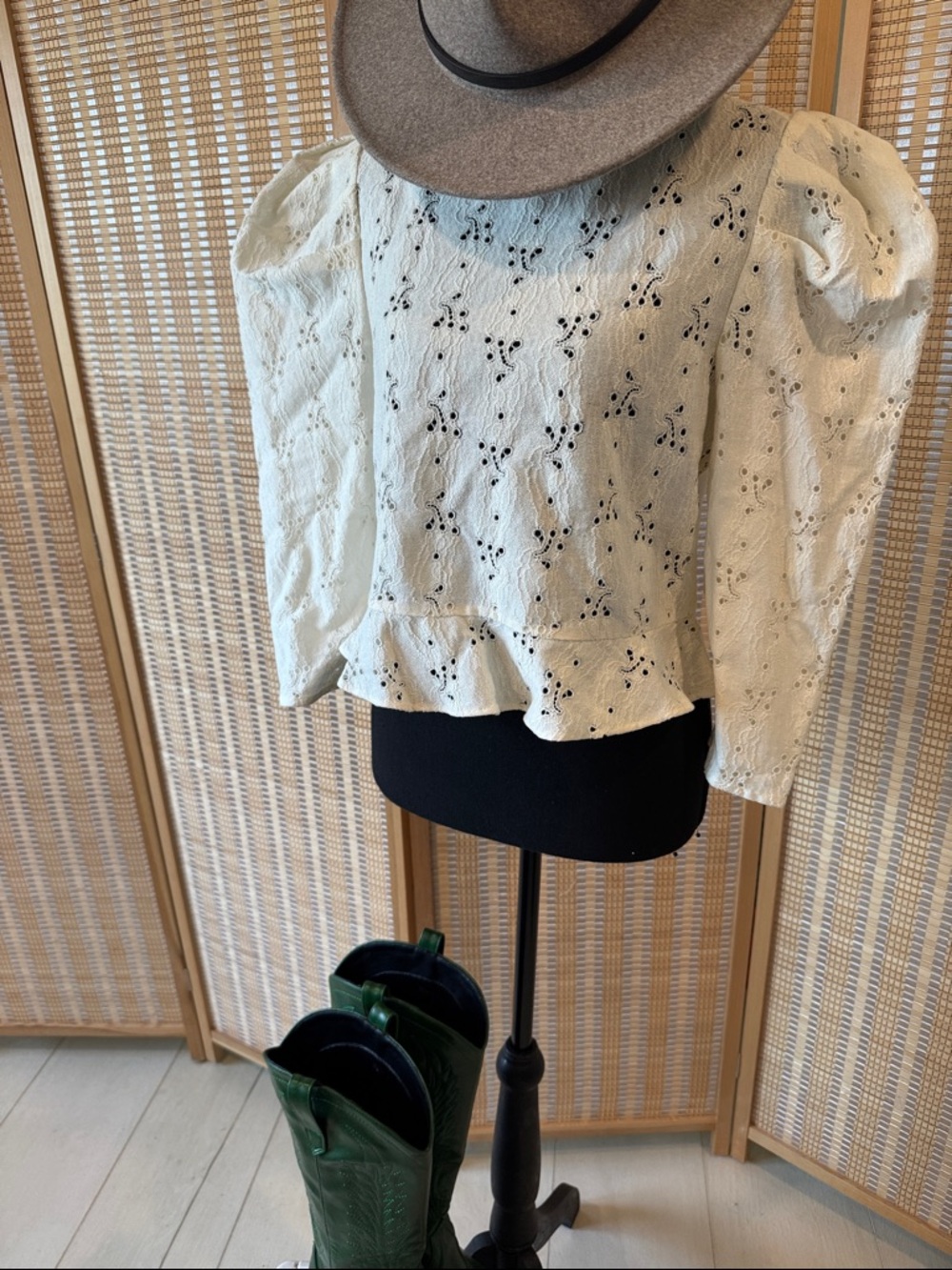 Zara Cream Eyelet Puff-Sleeve Peplum Blouse